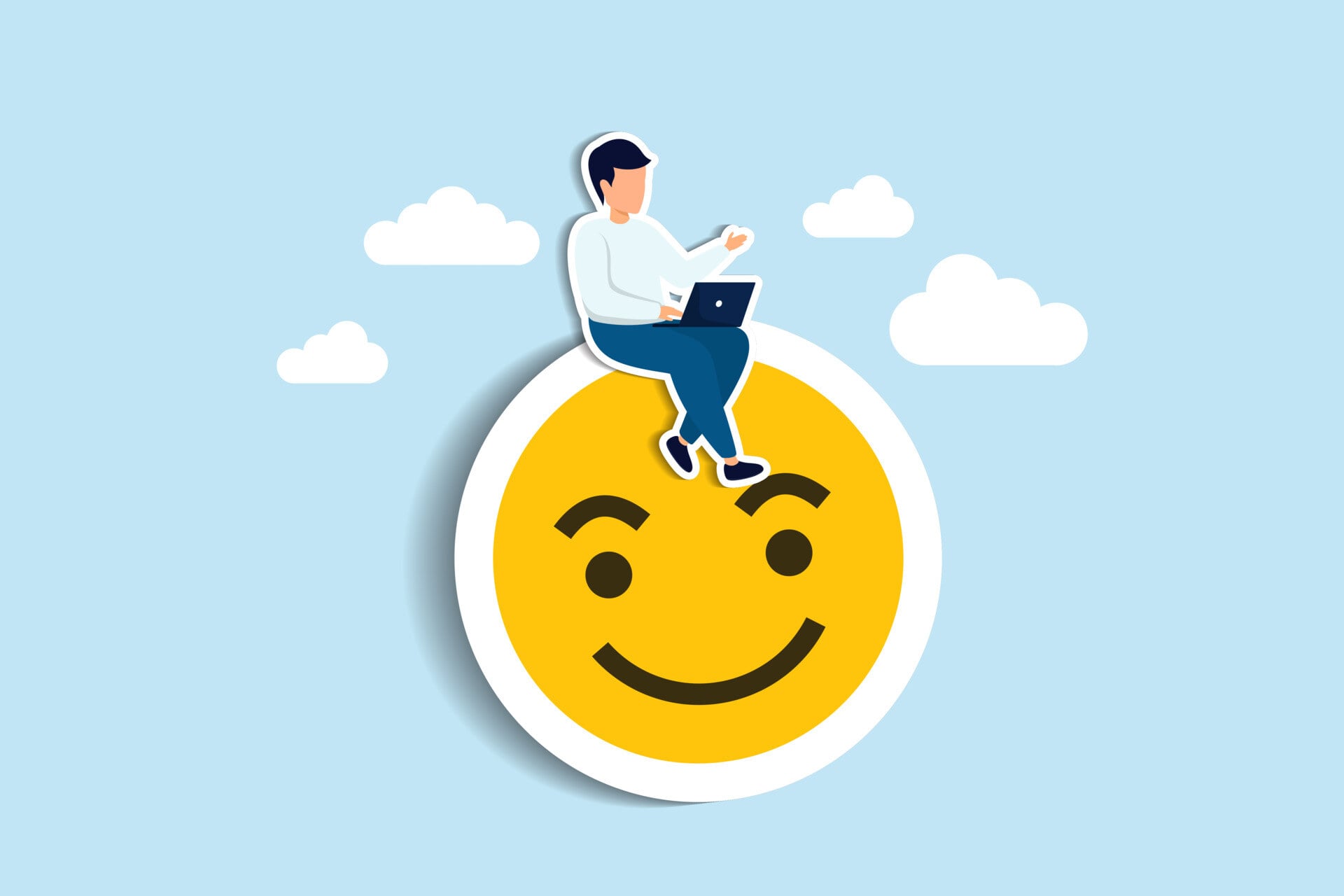 Henkilö istuu läppäri sylissä hymyilevän emojin pään päällä. Kuva: <a href="https://www.vecteezy.com/free-vector/employee-wellbeing">Employee Wellbeing Vectors by Vecteezy</a>